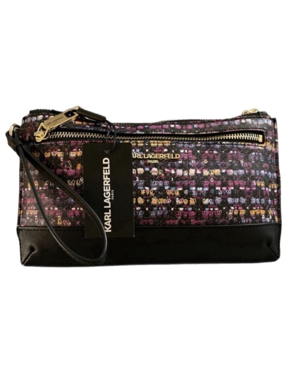 Karl Lagerfeld Paris Double Zip Wristlet Pouch Clutch Plum Combo Crown Print NWT